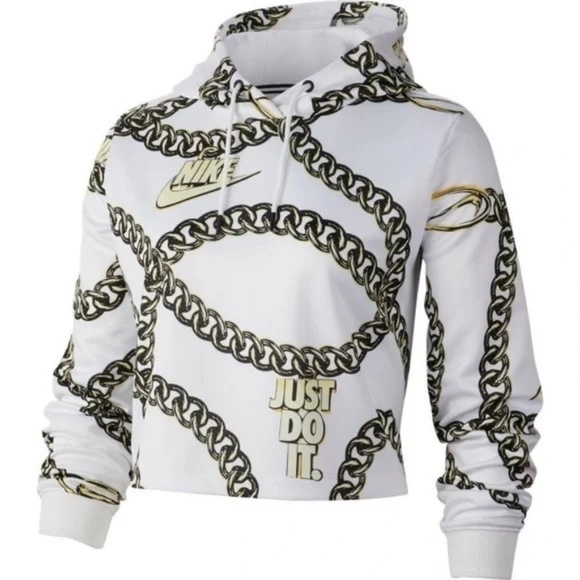 Nike White Icon Clash Cropped Oversized Chain Print Hoodie - Picture 1 of 6